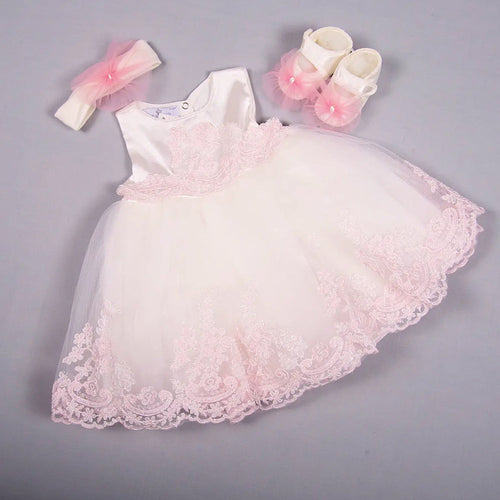 Baby pink special occasion lace dress with a matching headband, complete with matching satin booties. - Premium DRESS from Littlepinot.com - Just $44! Shop now at Littlepinot.com